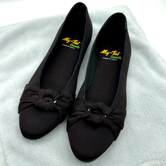 Vintage My-Tai Casuals Slip-on Black Nylon Bow Flats Size 7-1/2 - Picture 1 of 8